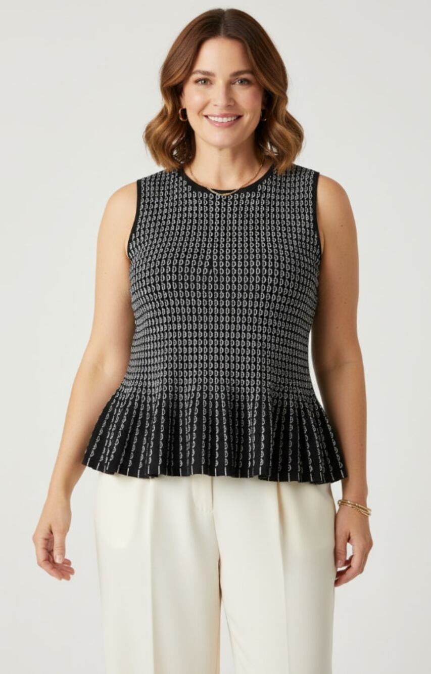 ANN TAYLOR KNIT BLACK & WHITE GEOMETRIC PEPLUM TANK TOP WOMENS SIZE XLARGE